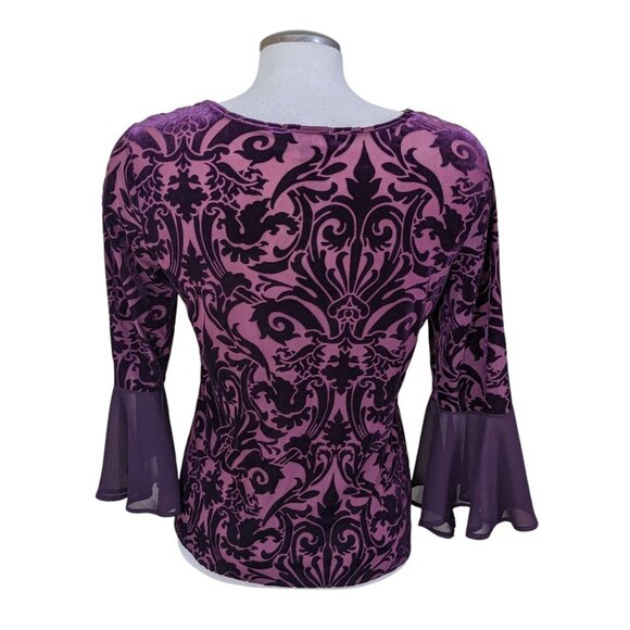 Womens Velvet Burnout Size M Burgundy Dark Plum Bell Sleeve Whimsigoth Witchy - Picture 5 of 6